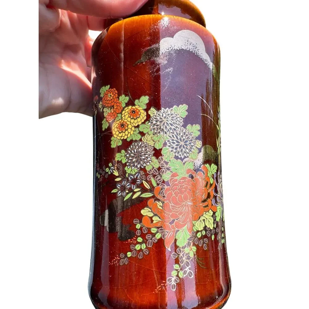 Vintage Japanese Brown Floral Chrysanthemum Ceramic Vase Hand Painted
